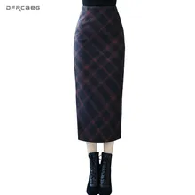Женские шерстяные длинные юбки в клетку с принтом,, повседневные элегантные офисные женские винтажные прямые юбки с разрезом