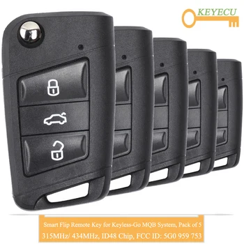 

KEYECU 5PCS Smart Flip Remote Car Key for Volkswagen MQB Keyless-Go Golf 7 Tiguan 2014-2018 Fob 3 Button - ID48 Chip - 5G0959753