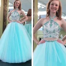 Два предмета Бальные платья Холтер трапециевидной формы с открытой спиной с бисером блестки атласа тюль длинное платье для выпускного вечера pageant Robe De Soiree