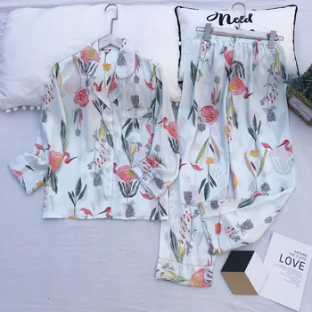 

Casual Women Sleepwear Pajamas Set Satin 2PCS Shirt&Pants Nightwear Silky Kimono Robe Gown Spring New Pijamas Home Clothes