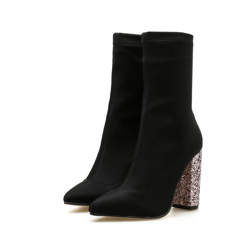 Модные женские блестящие Фетиш-сапоги на высоком каблуке 10 см; шикарные Шикарные ботильоны на толстом квадратном каблуке; растягивающаяся обувь на массивном каблуке - Цвет: Silk