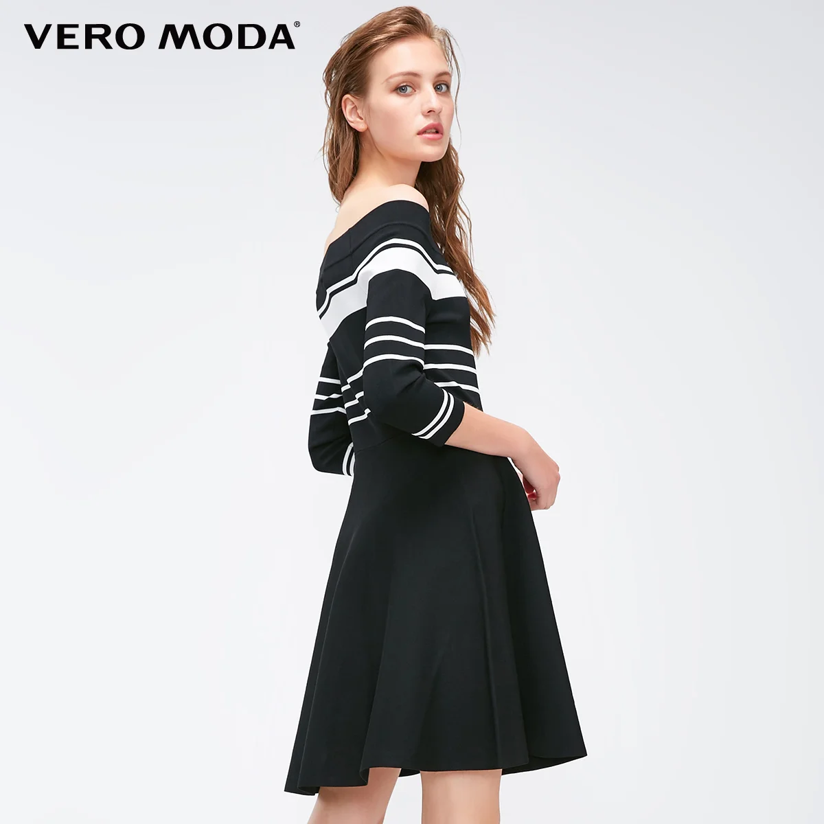 Vero Moda женское Полосатое платье с круглым вырезом 3/4 рукавами | 319146505