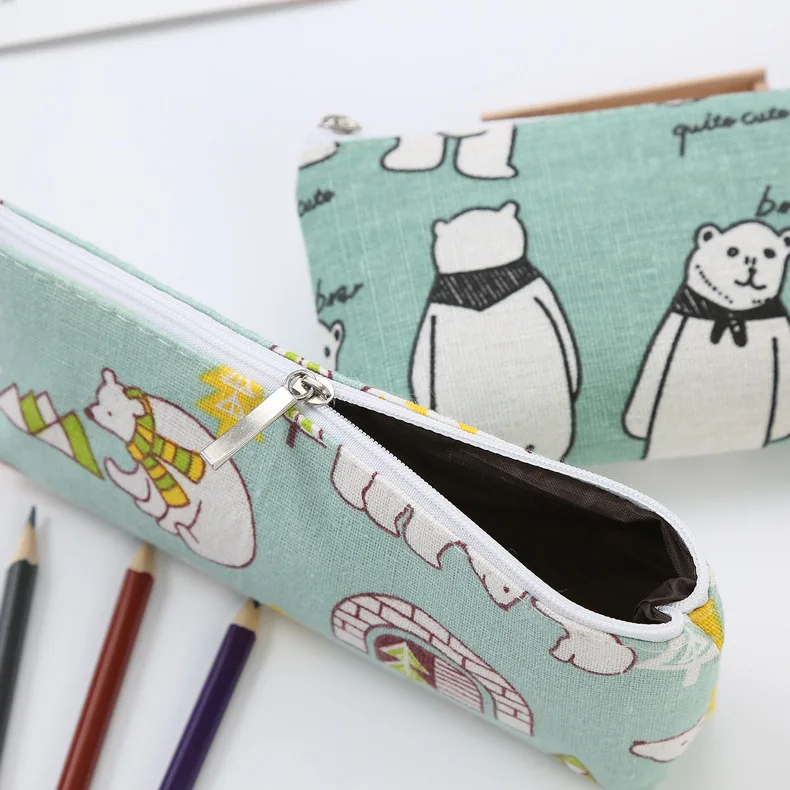 Холщовый чехол-карандаш для школьников, милый белый медведь, кошка, большая емкость, чехол-карандаш, сумка для ручек, коробка, канцелярская сумка для школьных принадлежностей