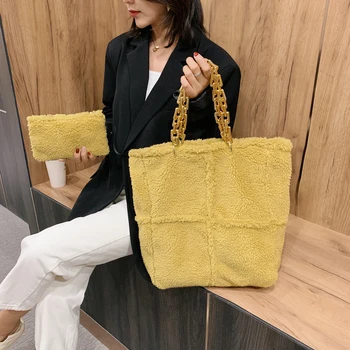 

Fashion Lambswool Women Shoulder Bags Designer Thick Chain Handbags Luxury Faux Fur Messenger Bag Plush Large Tote Big Purses