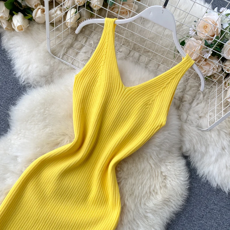 2020 sexy Slim v neck Knitted Midi Dress tank sundresss vestido de fiesta split Summer Party Women Casual Knee Length dress
