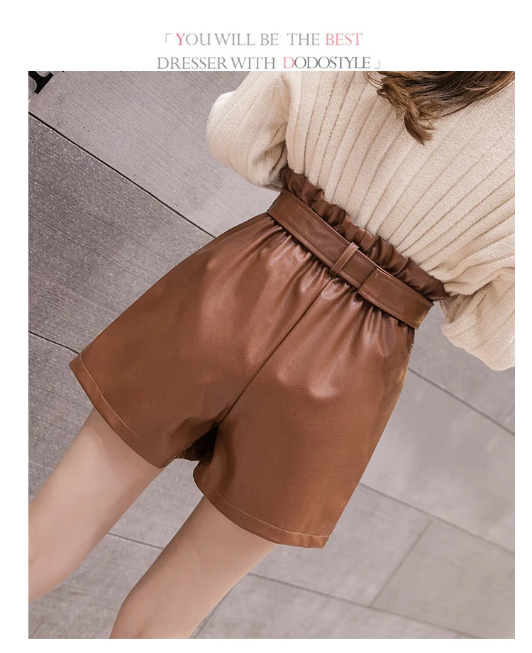 PU Leather Wide-legged Shorts With Slashes Women Empire PU Shorts Girls A-line Faux Leather Shorts Bottoms BH6191