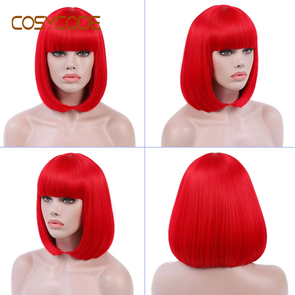 red COSYCODE ярко-розовый парик Боб с челкой короткий прямой косплей парик некружевной синтетический костюм вечерние парики для женщин 34 см - Цвет: red