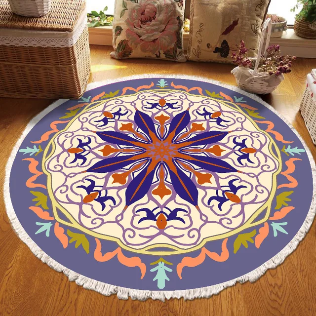 ​Home Decor Retro Bohemian Round Carpet Hand Woven Cotton Linen Carpet Rug Bedside Rug Geometric Floor Mat Living Room Carpet H
