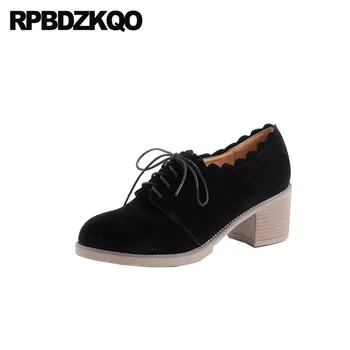 

chunky lace up oxford heels shoes medium size 4 34 retro pumps round toe block suede discount high women genuine leather black