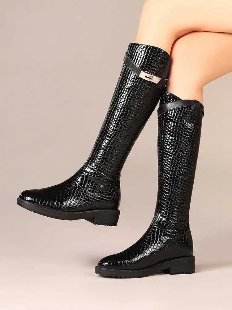 Luxury brand new winter thigh high boots women riding boots stone pattern metal buckle keep warm knight boots zapatos de mujer