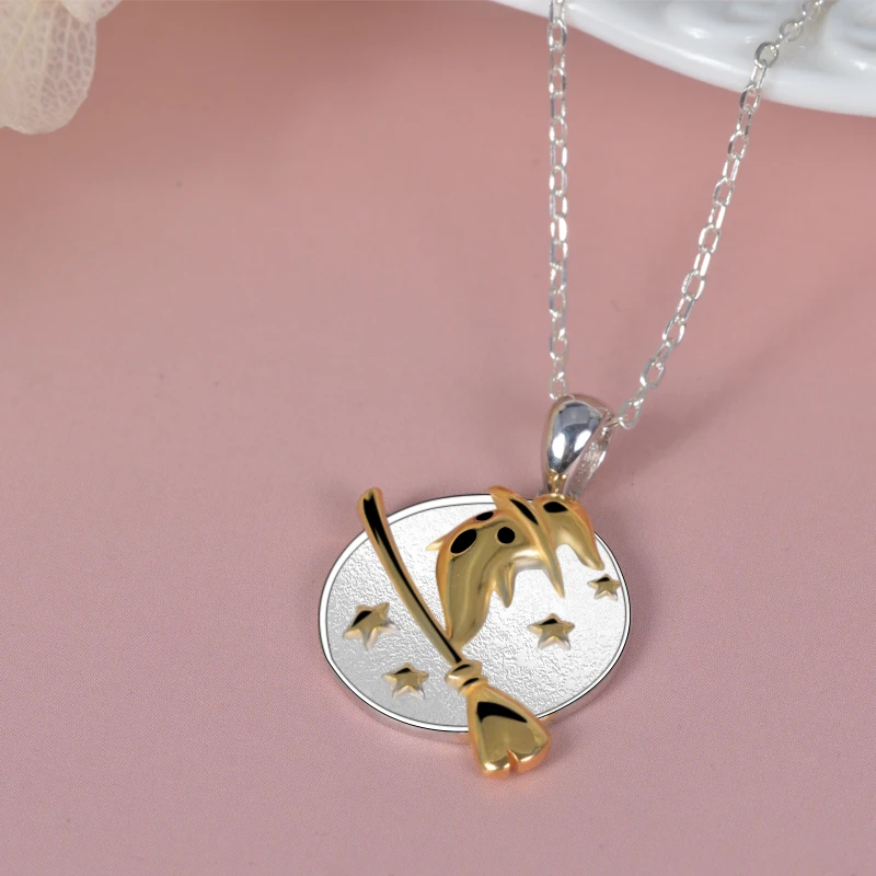 StrollGirl 925 Sterling Silver Gold Ghost with Broom Pendant Round Chain Necklace Female Halloween Party Jewelry Gifts