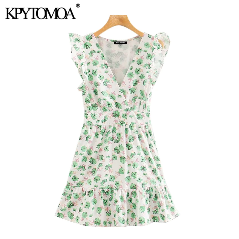 KPYTOMOA Women 2020 Sweet Fashion Floral Print Ruffled Mini Dress Vintage V Neck Sleeveless Side Zipper Female Dresses Vestidos KPYTOMOA Women 2020 Sweet Fashion Floral Print Ruffled Mini Dress Vintage V Neck Sleeveless Side Zipper Female Dresses Vestidos