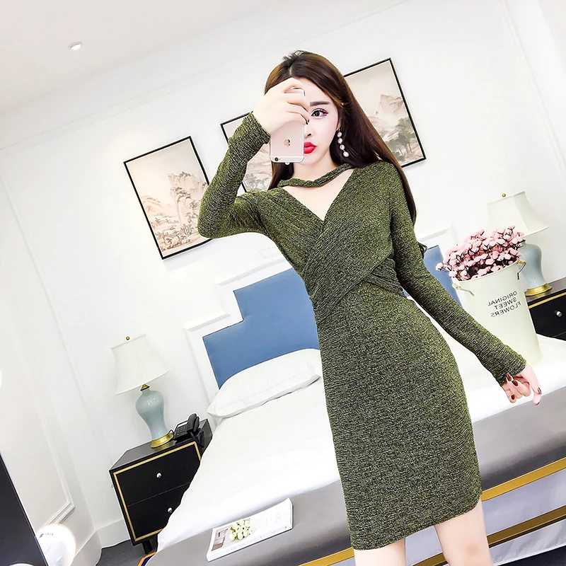 

Sexy V-neck Slim Party Dress Women Dress Autumn Three Quarter Sleeve Bright Silk Shiny Dress