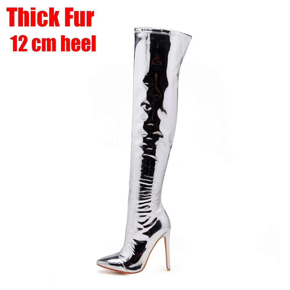 silver 12cm thickfur BONJOMARISA/брендовые ботфорты металлического цвета размера плюс 30-48 пикантные женские вечерние сапоги до бедра женская обувь на высоком каблуке - Цвет: silver 12cm thickfur