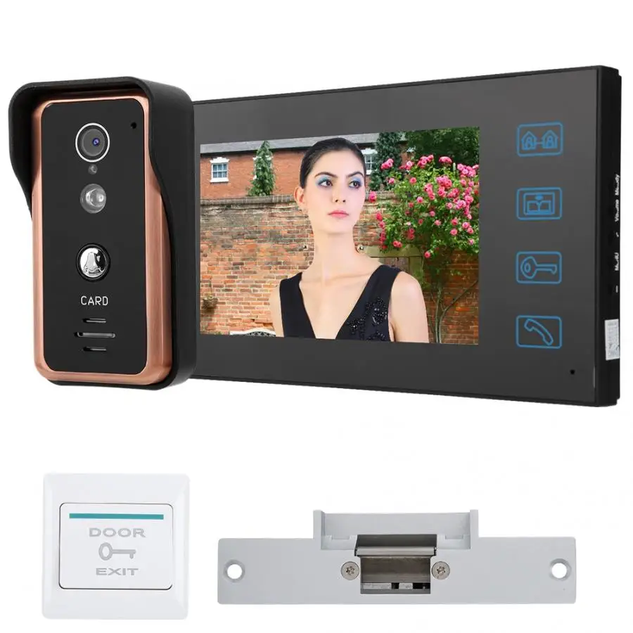 Проводной видеодомофон 7 дюймов проводной видео дверной телефон 1 монитор RFID ИК камера домофон с катодным замком 100-240 В