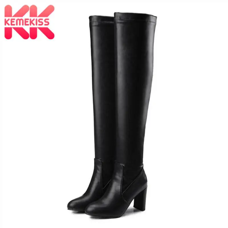 

KemeKiss Plus Size 32-48 Over The Knee Boots Women Winter Thick Heels Keep Warm Thigh High Shoes Women Fashion Office Long Boots