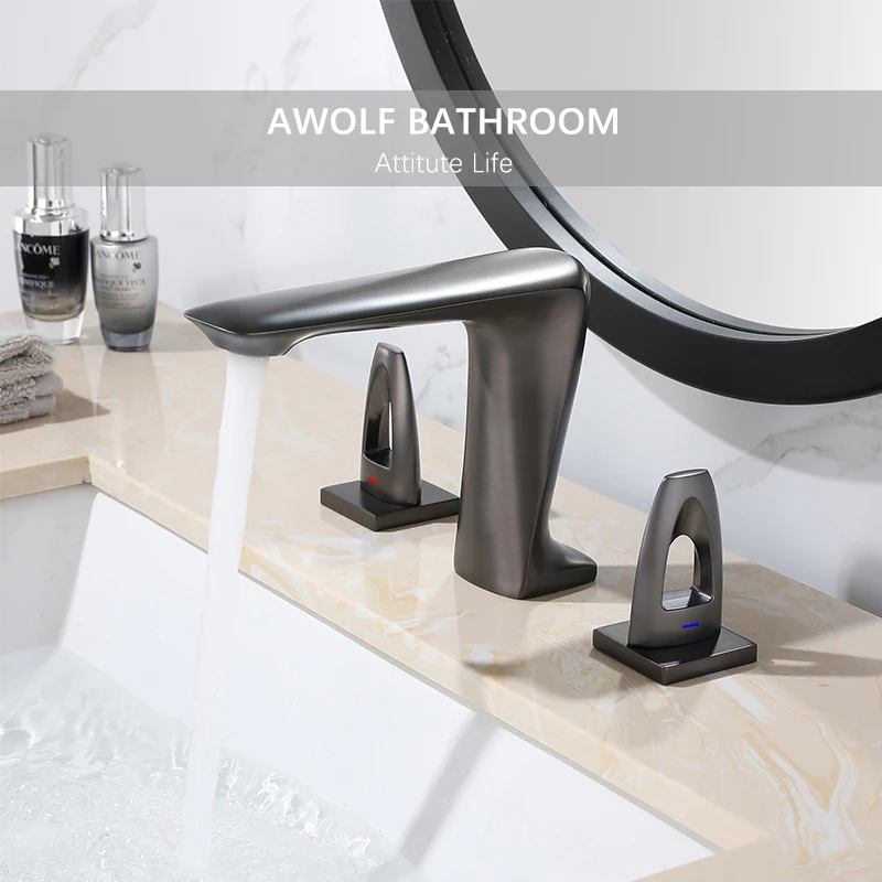 

Solid Brass Luxury Bathroom Basin Sink Faucet Grey Dual Handle Matt Black Hot And Cold Mixer Water Tap 3 Parts ML8102