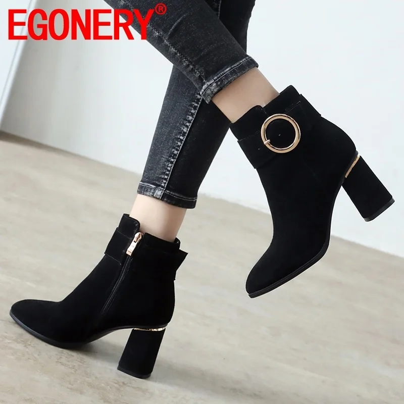 

EGONERY size 34-42 winter cow suede ankle boots outside high heels pointed toe zip metal decortaion women shoes drop shipping