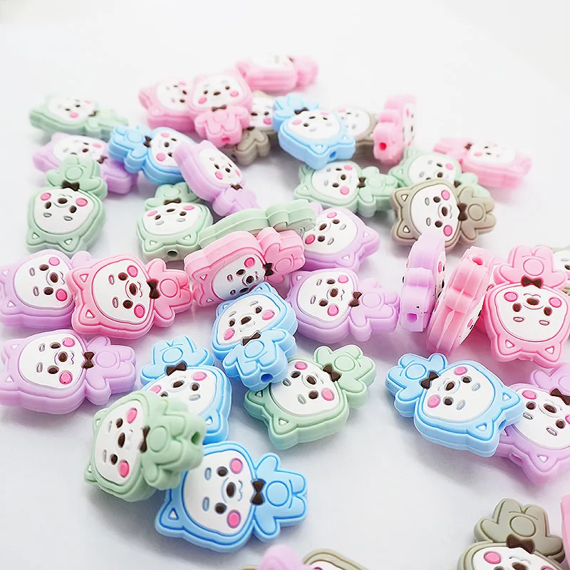 Chenkai 10PCS Silicone Bear Beads Teether Food Baby Cute Cartoon Bead Food Grade Nursing Necklace Pacifier Pendant Accessories
