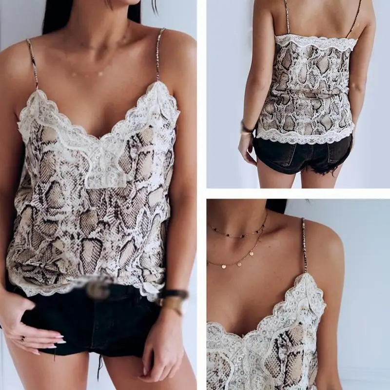 

Women Sexy Lace Sling Crepe Print Leopard Fashion Patchwork Female Casual Tank Lace Tops