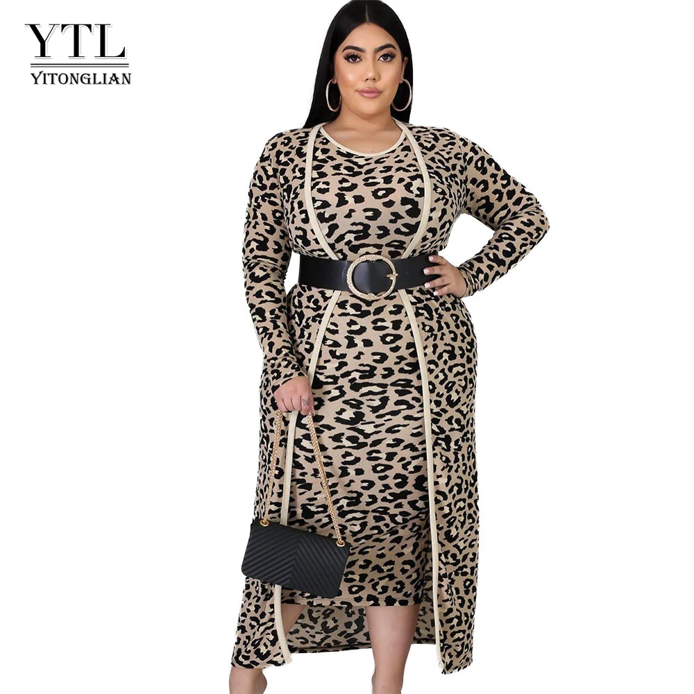 Yitonglian Women's Leopard 2 Pieces Printed  Cardigan Sets Plus Size Sexy Party Set Club Slim Set