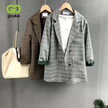 GOPLUS Women's Jacket Plaid Blazer Plus Size Womens Clothing Vintage Double Breasted Jackets Veste Femme Longue Chaqueta Mujer