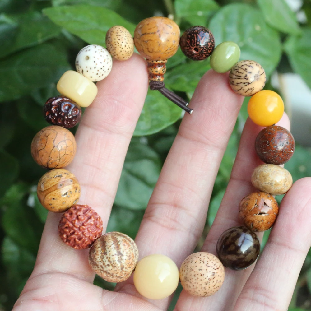

19 beads composed of different types of beads, natural seeds, handmade rosary, rosary, beaded charm elastic bracelet