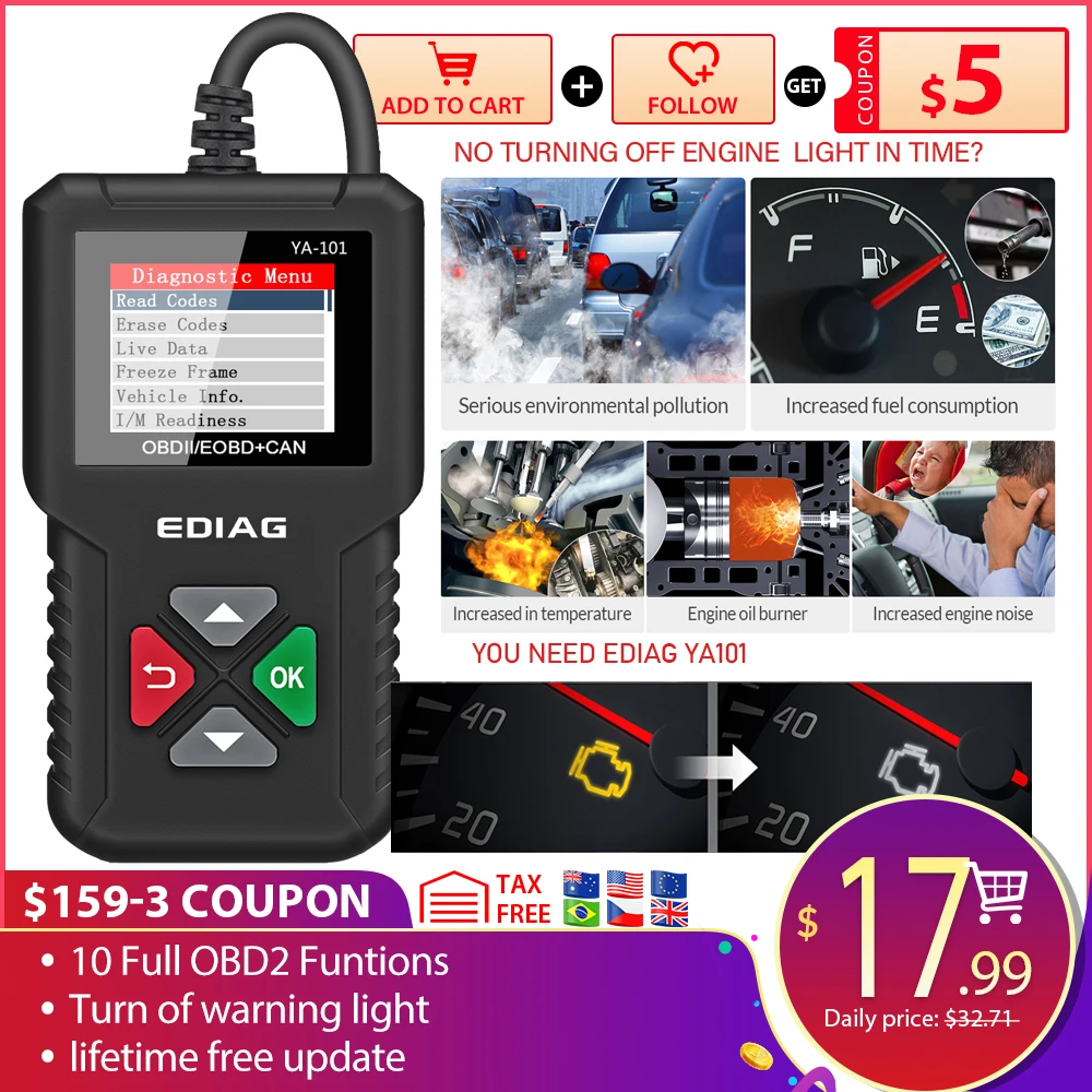 Диагностический сканер Ediag YA101 OBDII PK Cr319 AD310 elm327 CR3001 устройство для чтения кодов OBDII|