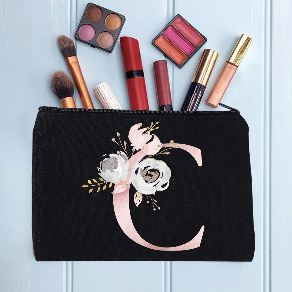 Women's Cosmetic Makeup Bags Female Organizer Pink Flower 26 Letters School Pencil Cases Carrying Bag for Coin Purse