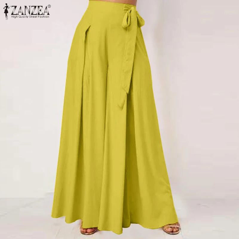 2023 Autumn Solid Flare Trousers ZANZEA Elegant Wide Leg Pants Women Casual High Waist Pleated Long Pantalon Pants Streetwear zanzea женщины выдолбленный повседневный flare рукав свободное платье для вязания крючком