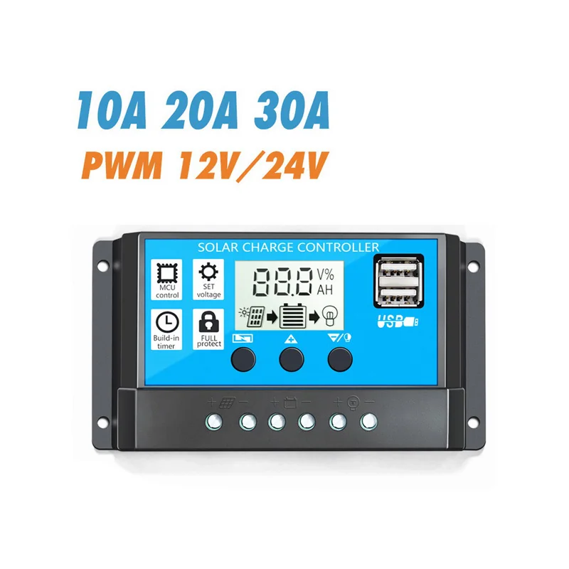 

Solar Charge Controller 12V/24V 10/20/30A Auto PWM 5V Output Solar Panel Battery Controller Regulator With Dual USB LCD Display