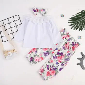 

Autumn Baby Girl Clothes Sets Long Sleeve T-shirt Tops Flower Print Trousers With Headband Outfits Clothes 2019