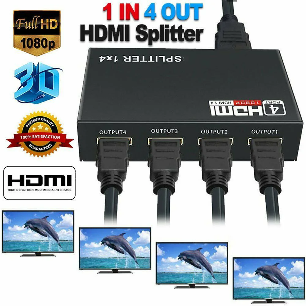 

2A 1080p Full HD HDMI Splitter 4-Ports Hub Repeater Amplifier V1.4 1 In 4 Out 5V