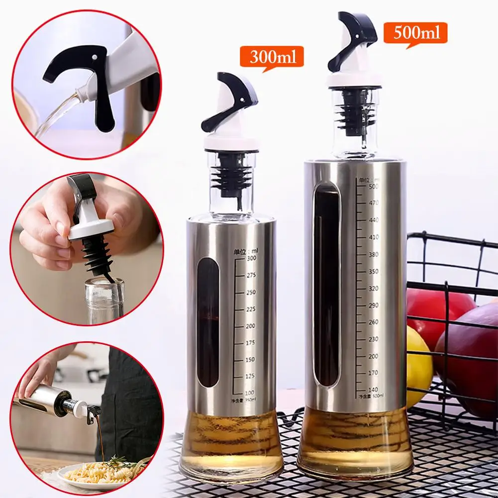 350ml/500ml Stainless Steel Cooking Seasoning Bottle Dispenser Sauce Bottle Glass Storage Bottles For Oil Vinegar Kitchen Tool