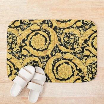 

Black Gold Leaf Swirl Bath Mat Doormat Welcome Home Rectangle Anti-slip Carpet Rug Bedroom Entrance Floor Mats