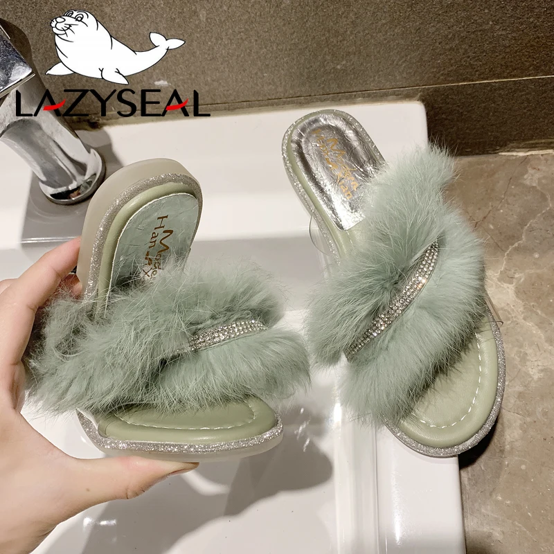 LazySeal/шикарная обувь для ювелирных изделий; женские тапочки из натурального меха; домашние теплые пушистые тапочки на плоской подошве; женские шлепанцы; вьетнамки