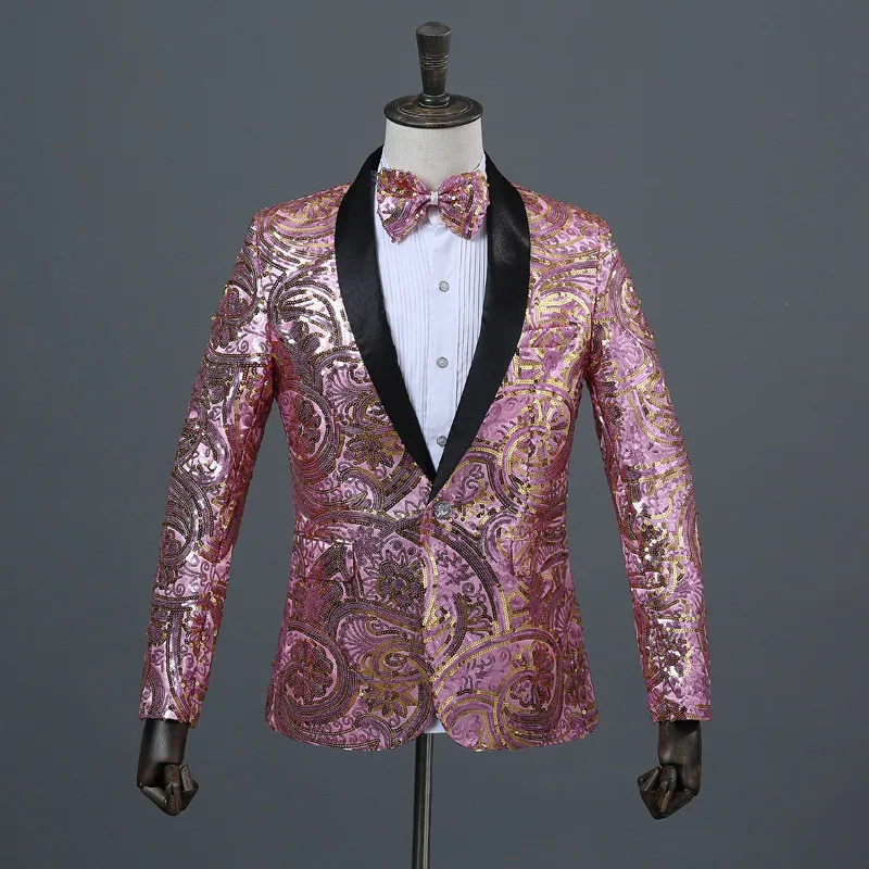 Mens Shiny Red Sequins Suit Blazer Jacket Hipster Shawl Lapel One