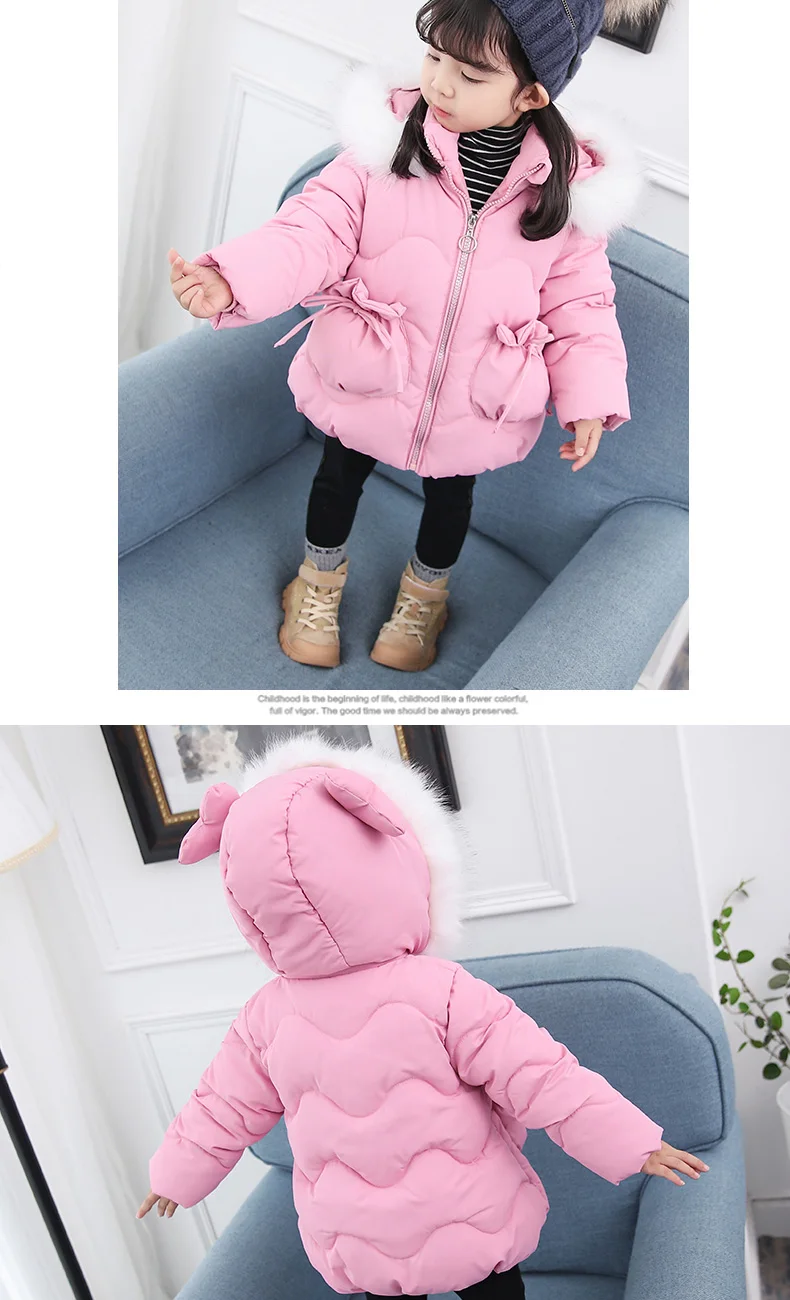 Children Girls Winter Fashion Warm Thick Cotton Down Jackets With Fur Hat Kids Wadded Parkas Baby Girls Clothes Outwear V25