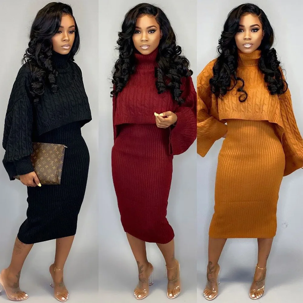 HAOYUAN Two Piece Set Women Plus Size Fall Winter Clothing Knit Turtleneck Sweater Top and Dress 2 Piece Outfits Matching Sets