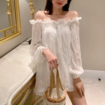 

2020 WOMEN'S Dress Pleated-Western Style off-Shoulder Very Fairy of Tops Sun Shirt Chiffon Shirt womens tops