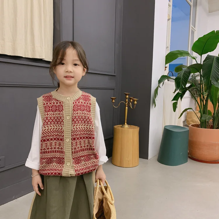 Tckids детская одежда, настраиваемый 19 весенний классический универсальный вязаный жилет с декоративным узором в стиле ретро, пряжа в Северном европейском стиле