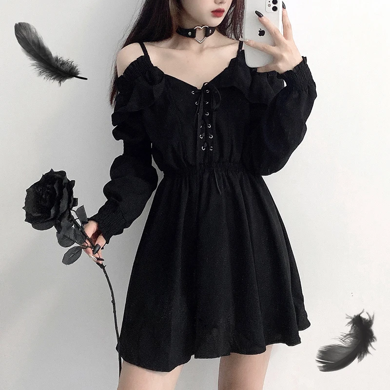 Women Dress Plus Size 4XL Lace Up Black Autumn 2020 Sexy High Waist Femme Dresses Off Shoulder Long Sleeve Gothic Clothes