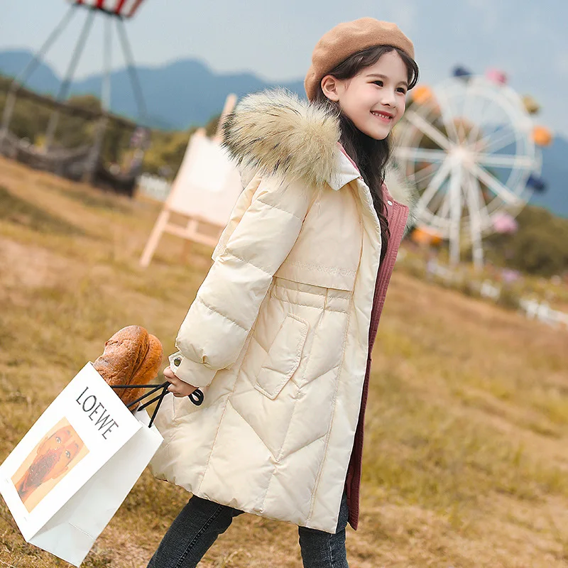 

Long down coat for children in winter Fashion red thick winter coat for girls Warm down jacket with natural fur collar snowsuit