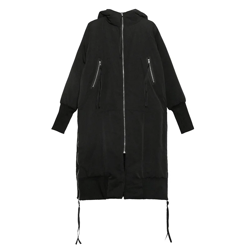 Черная куртка с капюшоном большого размера, пальто с хлопковой подкладкой, длинные рукава, свободная посадка, женские парки, модная новинка, Осень-зима, боковая молния - Цвет: Черный