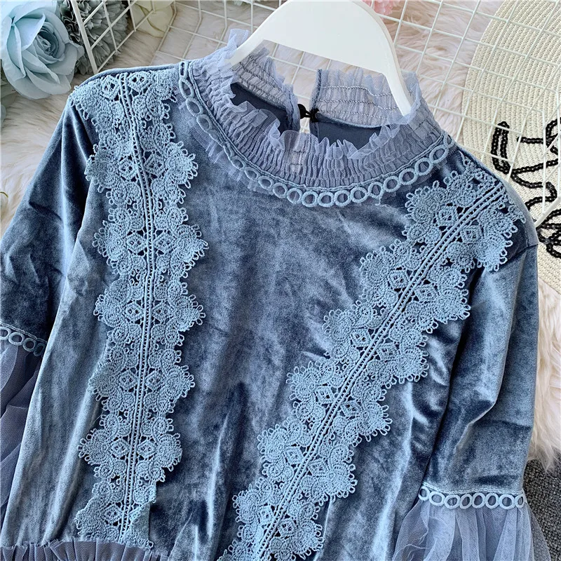 2019 осенний кружевной элегантный зимний пуловер с рукавами фонариками сетчатые