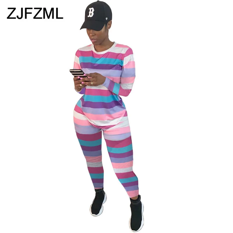 

Rainbow Cross Stripe Sexy 2 Piece Outfits for Women Round Neck Long Sleeve Long Shirts and Pencil Pants Causal Plus Size Set