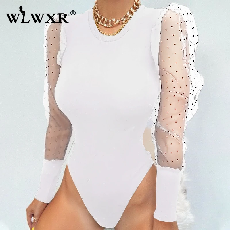 WLWXR, черный сетчатый сексуальный боди в горошек для женщин, боди, женский комбинезон, белый облегающий боди с длинным рукавом, Женский Топ