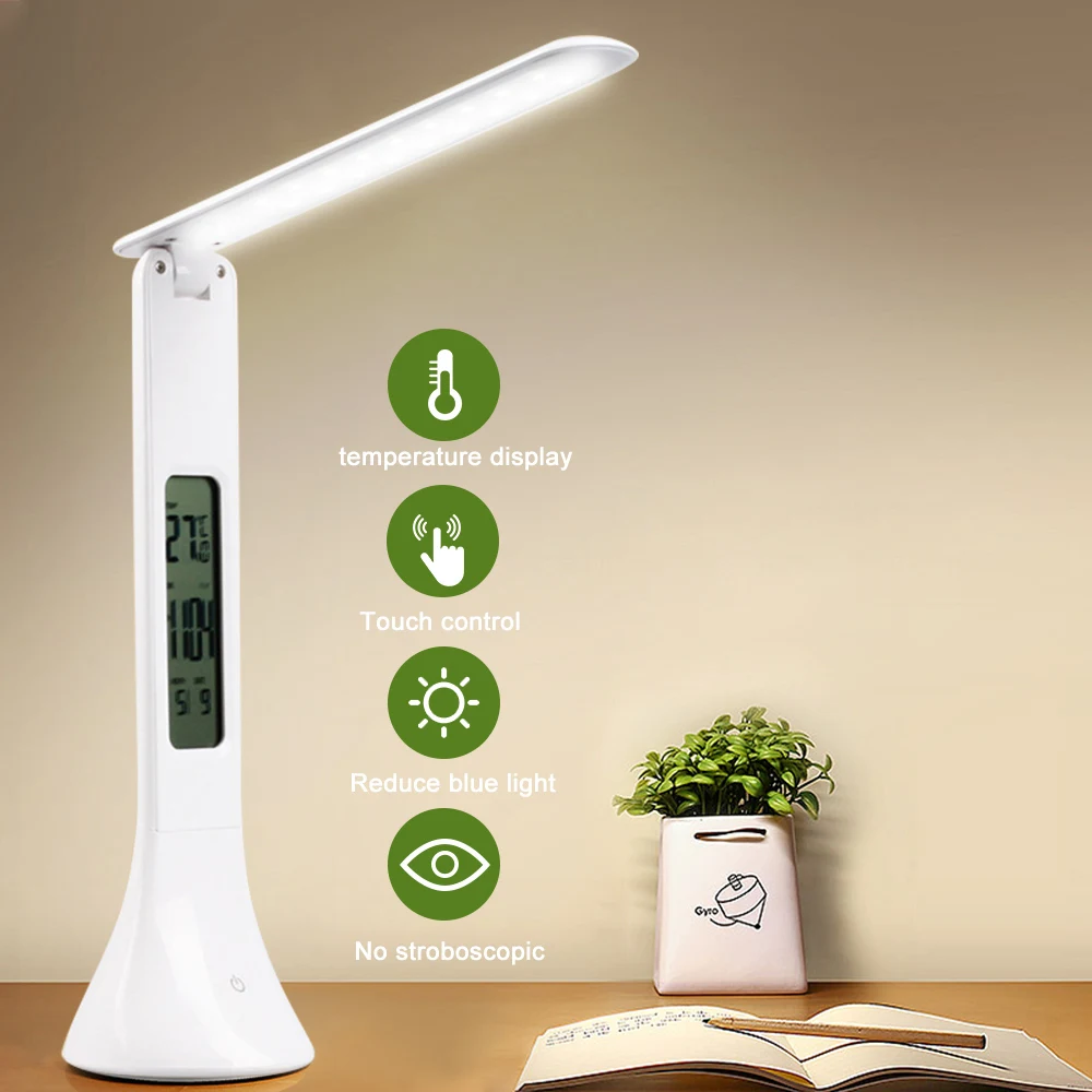 DIDIHOU LED Desk Lamp Foldable Dimmable Touch Table Lamp with Calendar Temperature Alarm Clock table Light night lights