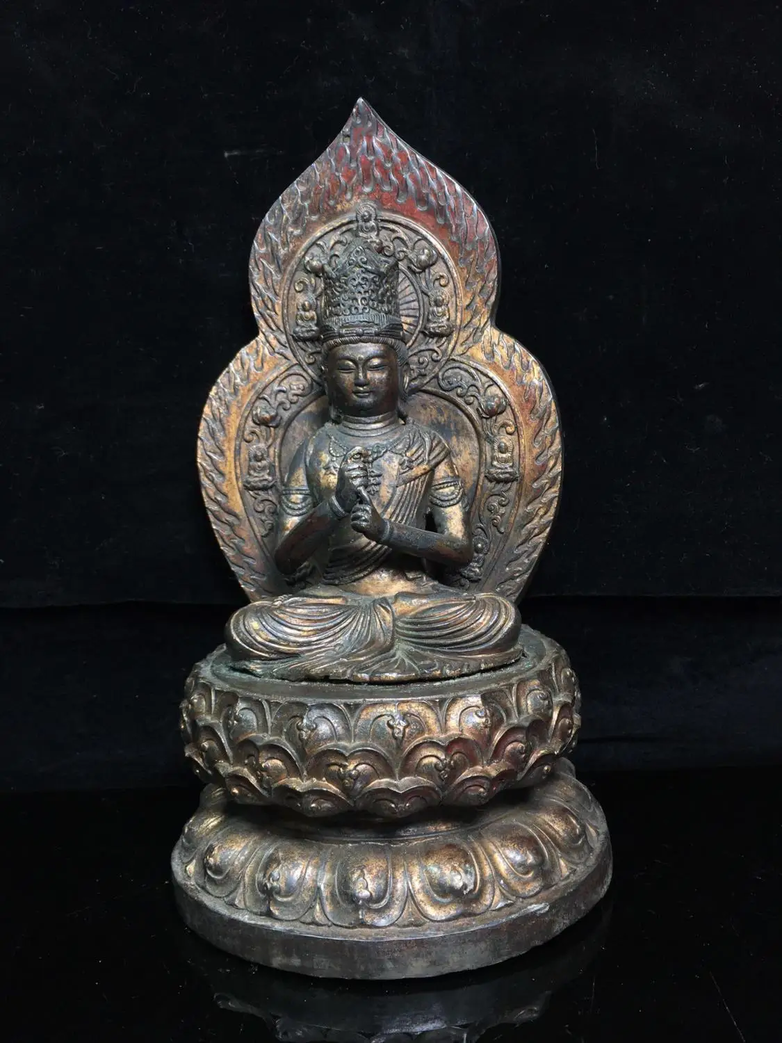

12" Tibet Buddhism Old Bronze Cinnabars Manjusri Guanyin Bodhisattva Statue Sit backlit buddha stand Enshrine the Buddha