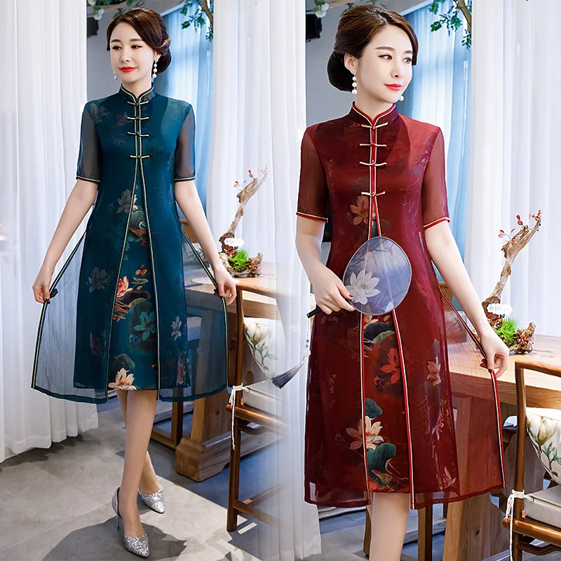 Зеленое женское Сетчатое Qipao Vestidso вечернее платье китайское Винтажное с коротким рукавом Cheongsam с цветочным принтом мандарин элегантные платья